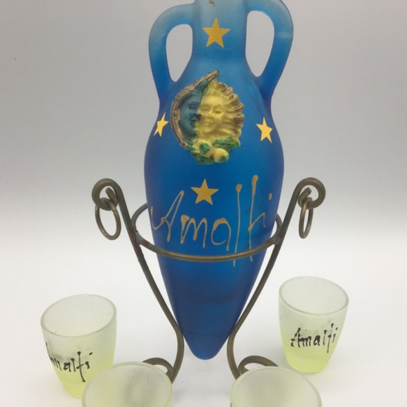 Italian Amalfi Souvenir Glass Amphora/Flask w Metal Stand and 4 Limoncello fr - Picture 5 of 16
